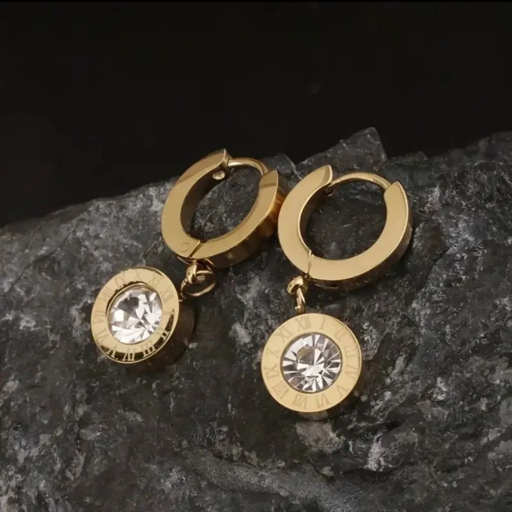 18k Gold Plated Gold Cubic Zirconia Roman Numeral Earrings